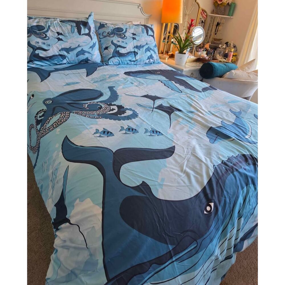 NEW Blue Ocean duvet bedding set with ocean whales /octopus and sea life